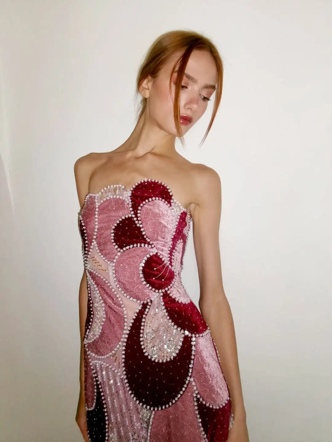 Dresses For Woman Cocktail Dress Pink Burgundy Strapless Abstract Floral Beaded Velvet Midi Gown  Vestidos De Fiesta Elegantes