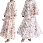 Muslim Women's Dress Casual Fashion Middle Eastern Chiffon Round Neck Tie-Dye with Belt Long Temperament Elegant Arab Dress