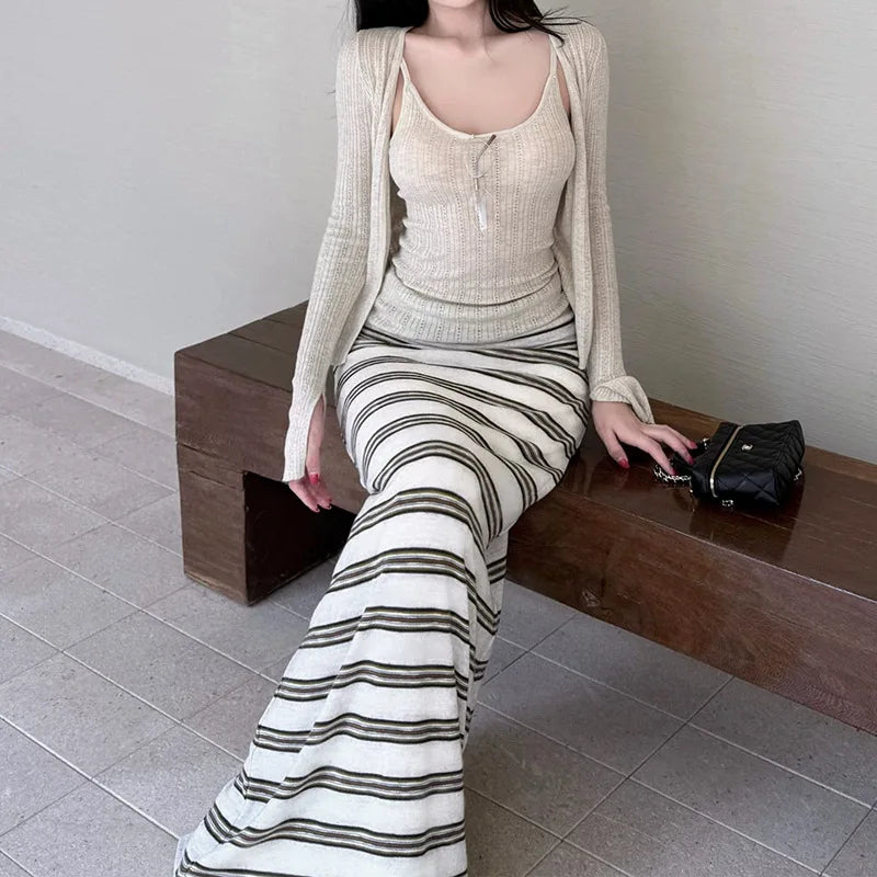 Striped Knitted Skirt Women's Summer 2026 New Skirt, Thin Straight Skirt Design Sense