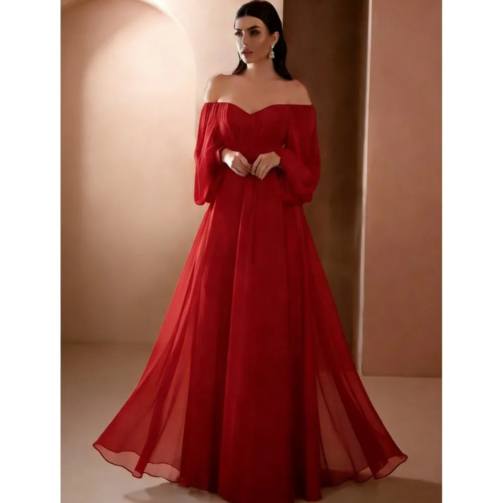 Dresses For Woman Elegant vestidos Solid Color Slim Robe Evening Dress Sexy One Line Neck Simple Style Long Sleeves Simple Style