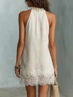 Isabella™ Off-White Lace-Trim Halter Mini Dress