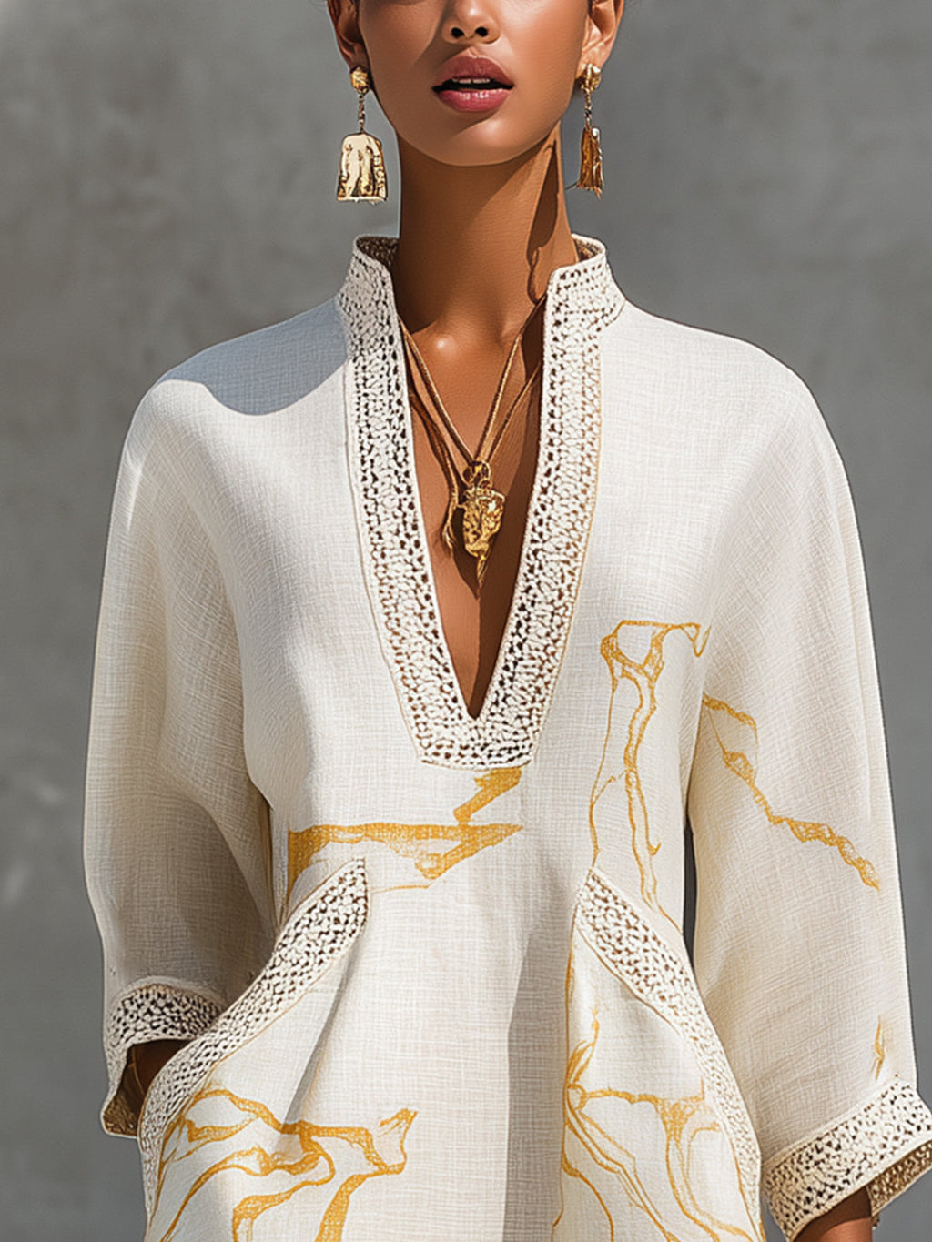 Melina™ Ivory Gold Crochet Lace V-Neck Mini Dress