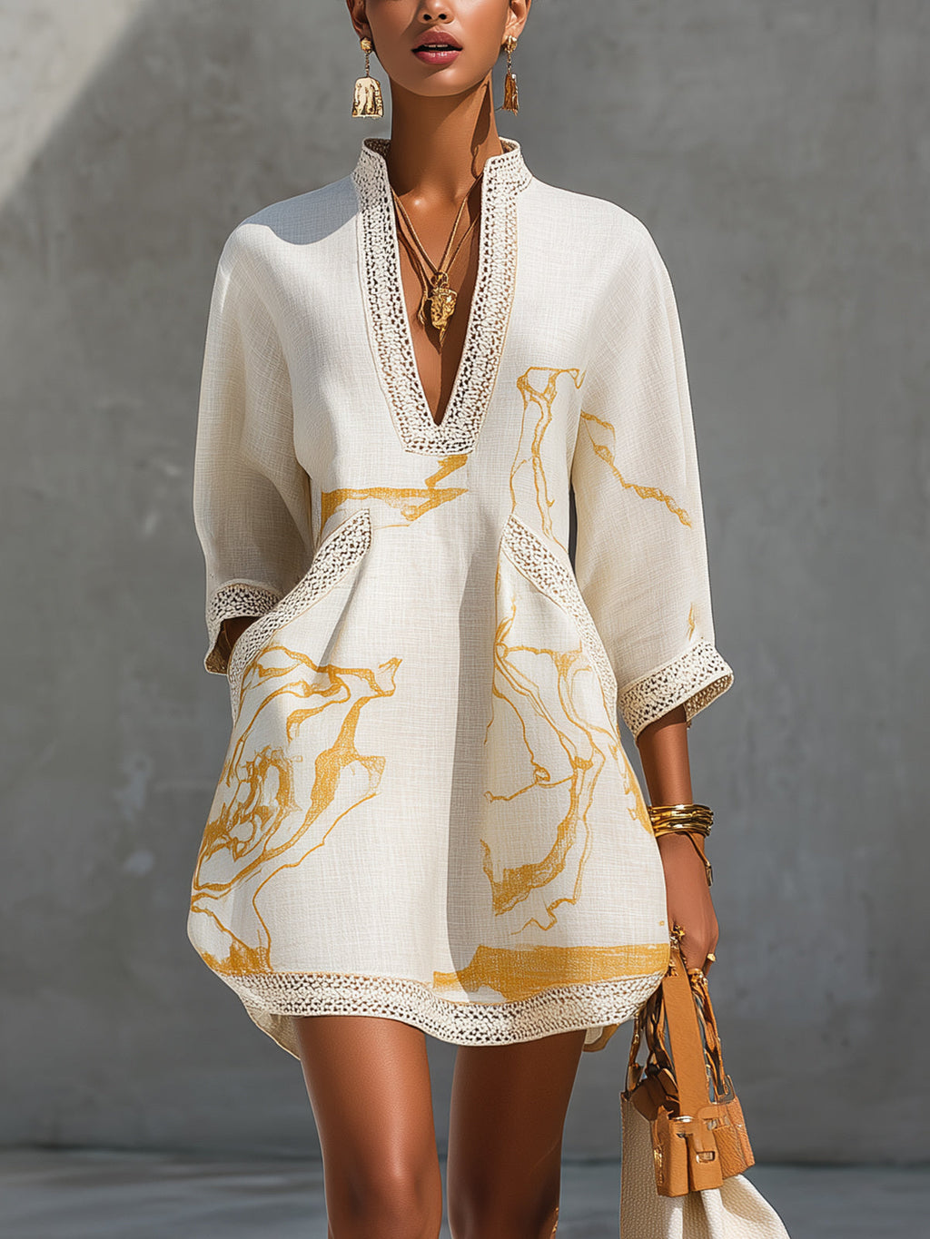 Melina™ Ivory Gold Crochet Lace V-Neck Mini Dress