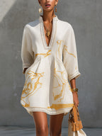 Melina™ Ivory Gold Crochet Lace V-Neck Mini Dress