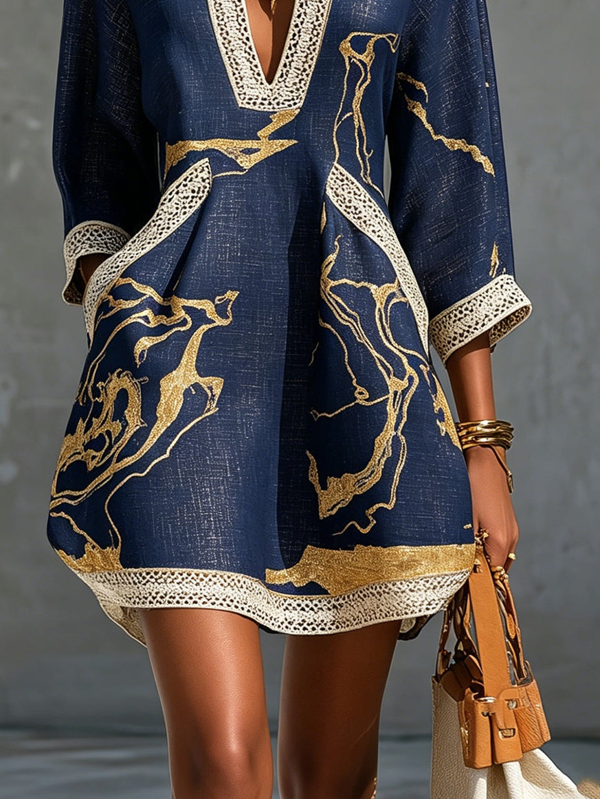Eurydice™ Navy Gold Crochet Lace V-Neck Mini Dress
