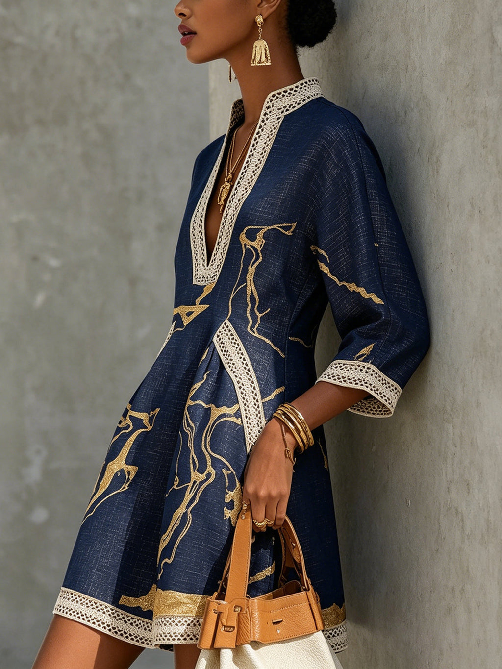 Eurydice™ Navy Gold Crochet Lace V-Neck Mini Dress