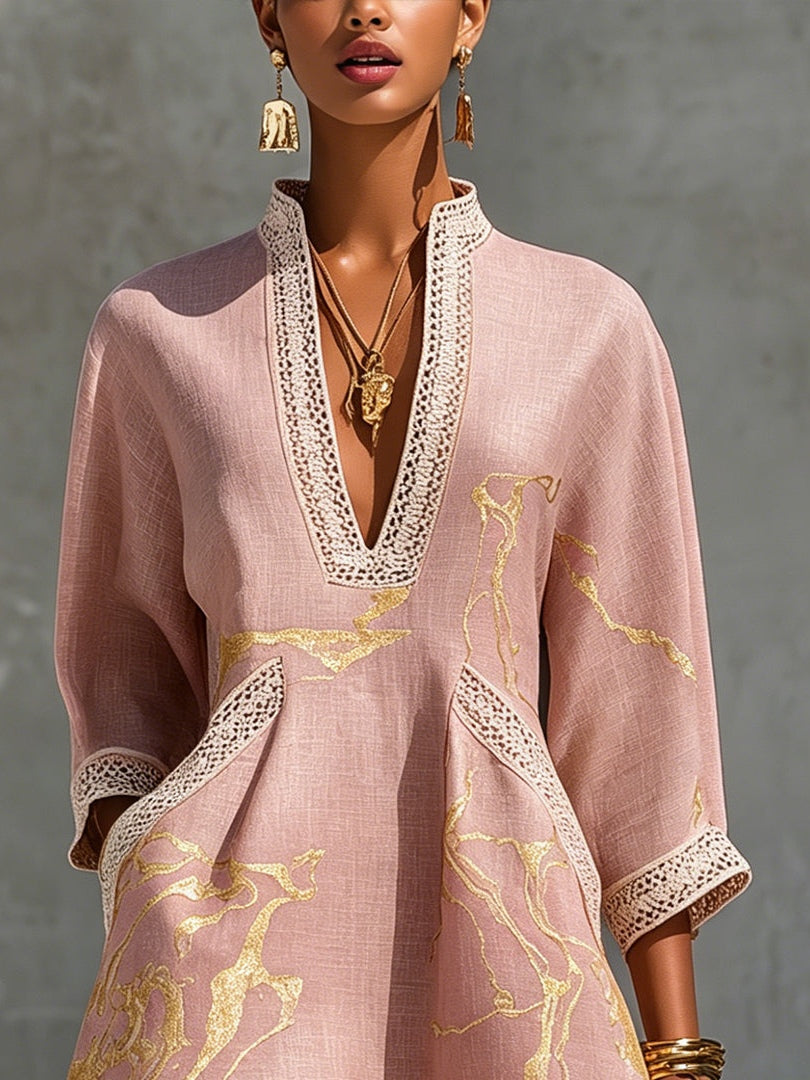 Danae™ Pink Gold Crochet Lace V-Neck Mini Dress