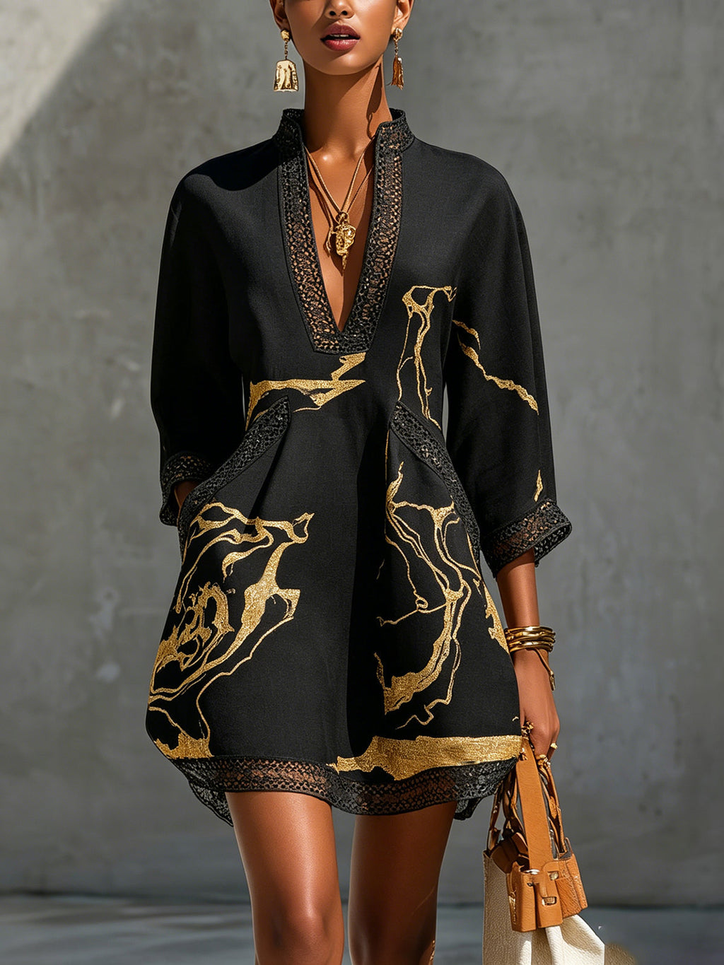 Helen™ Black Gold Crochet Lace V-Neck Mini Dress