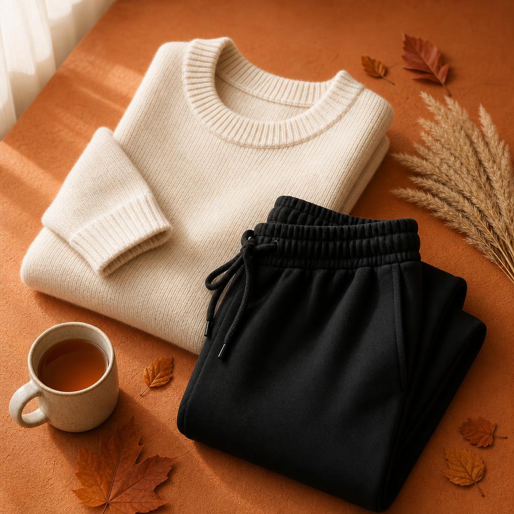 Norevielle Fall Drop cozy flat-lay with folded knitwear and autumn leaves