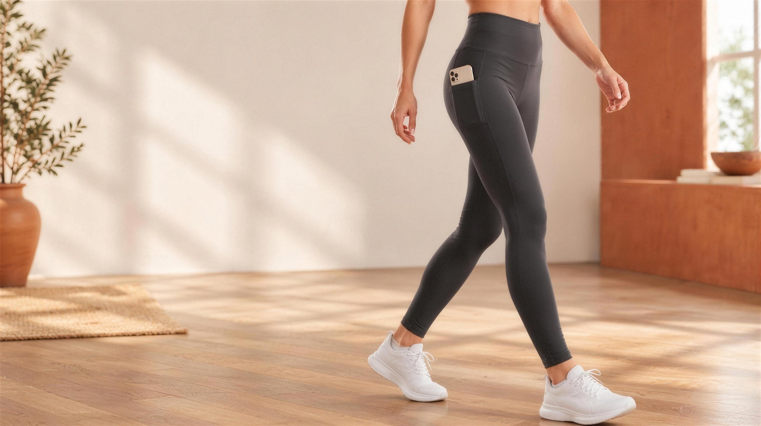 Woman walking in high-waist leggings with her phone in the side pocket